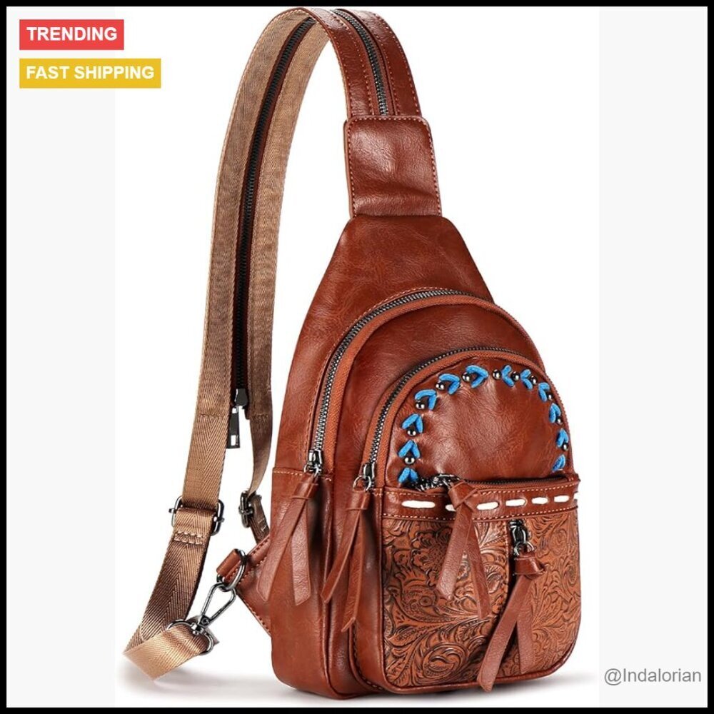 Trendy Leather Sling Bag Crossbody Fanny Pack Adjustable Strap Travel Backpack